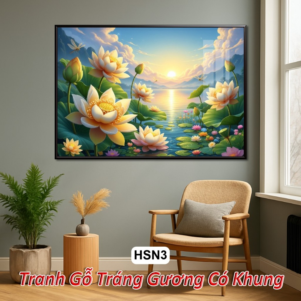 Tranh Hoa Sen 4k Khổ Ngang Tuyệt Đẹp Dưới Ánh Bình Minh - Tranh Gỗ Tráng Gương Có Khung Decor Nhà Cửa - Khách Sạn