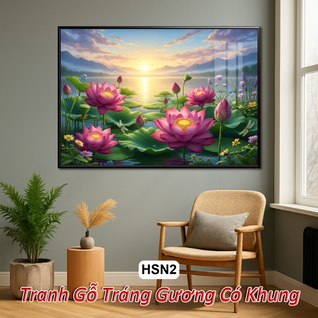 Tranh Hoa Sen 4k Khổ Ngang Tuyệt Đẹp Dưới Ánh Bình Minh - Tranh Gỗ Tráng Gương Có Khung Decor Nhà Cửa - Khách Sạn