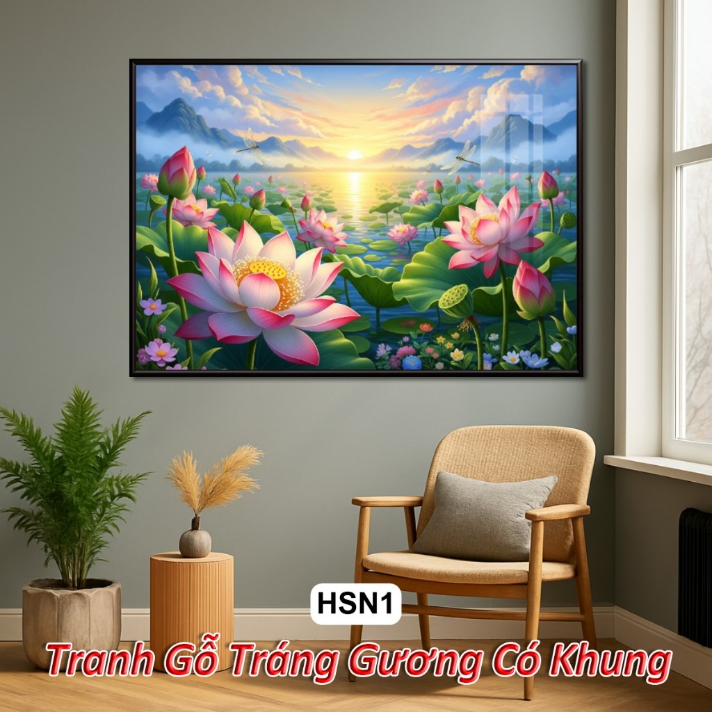 Tranh Hoa Sen 4k Khổ Ngang Tuyệt Đẹp Dưới Ánh Bình Minh - Tranh Gỗ Tráng Gương Có Khung Decor Nhà Cửa - Khách Sạn