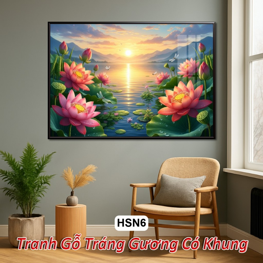Tranh Hoa Sen 4k Khổ Ngang Tuyệt Đẹp Dưới Ánh Bình Minh - Tranh Gỗ Tráng Gương Có Khung Decor Nhà Cửa - Khách Sạn