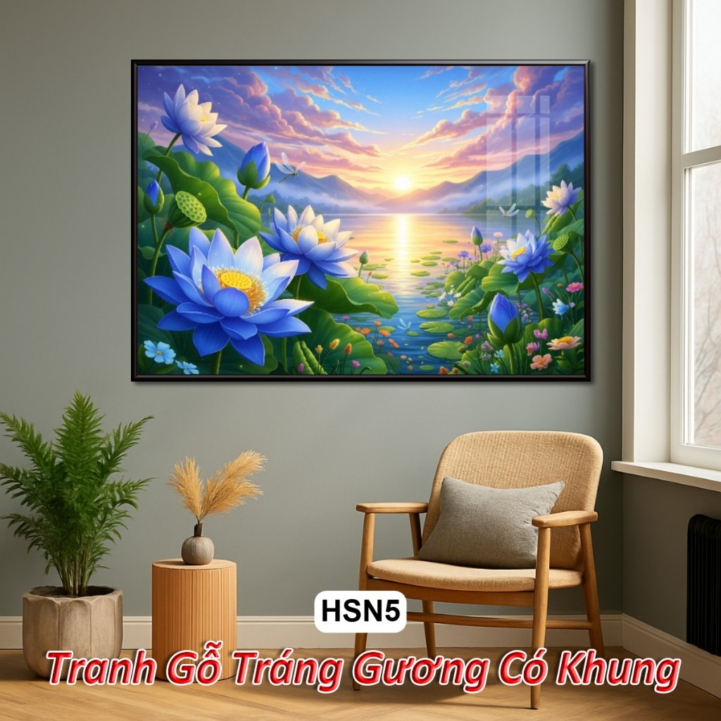 Tranh Hoa Sen 4k Khổ Ngang Tuyệt Đẹp Dưới Ánh Bình Minh - Tranh Gỗ Tráng Gương Có Khung Decor Nhà Cửa - Khách Sạn