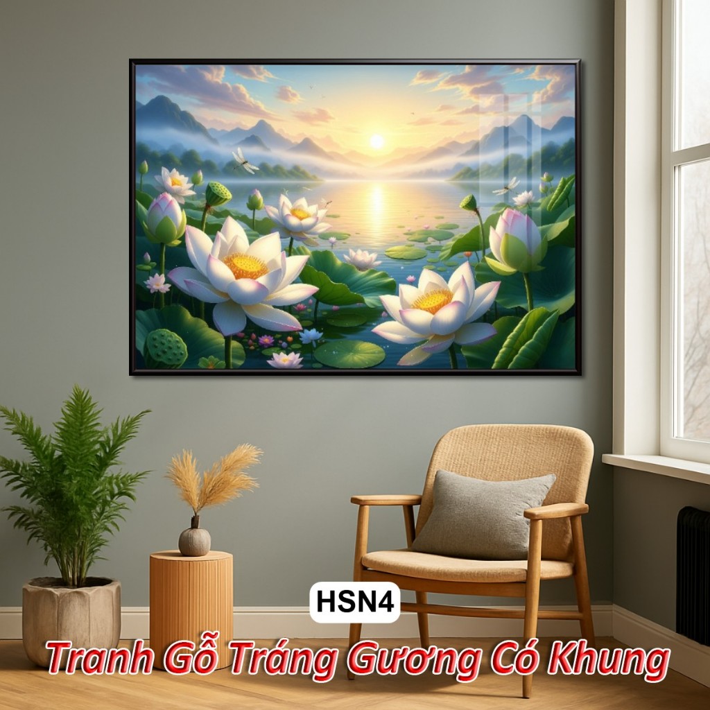 Tranh Hoa Sen 4k Khổ Ngang Tuyệt Đẹp Dưới Ánh Bình Minh - Tranh Gỗ Tráng Gương Có Khung Decor Nhà Cửa - Khách Sạn