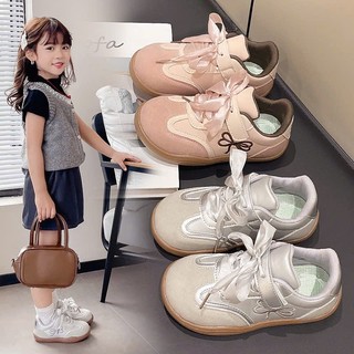 Giày Thể Thao Hàn Quốc Phối Da Lộn Thêu Nơ Dây Ruy Băng Phong Cách Hàn Quốc Cho Bé Gái K042