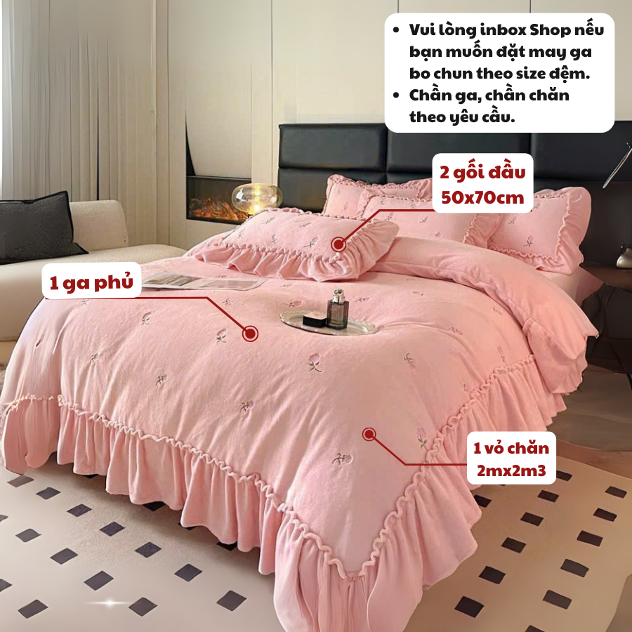 (BÁN CHẠY 2) Bộ chăn ga gối nỉ nhung MemMinbedding Luxury thêu họa tiết hoa hồng,nỉ bèo tiểu thư