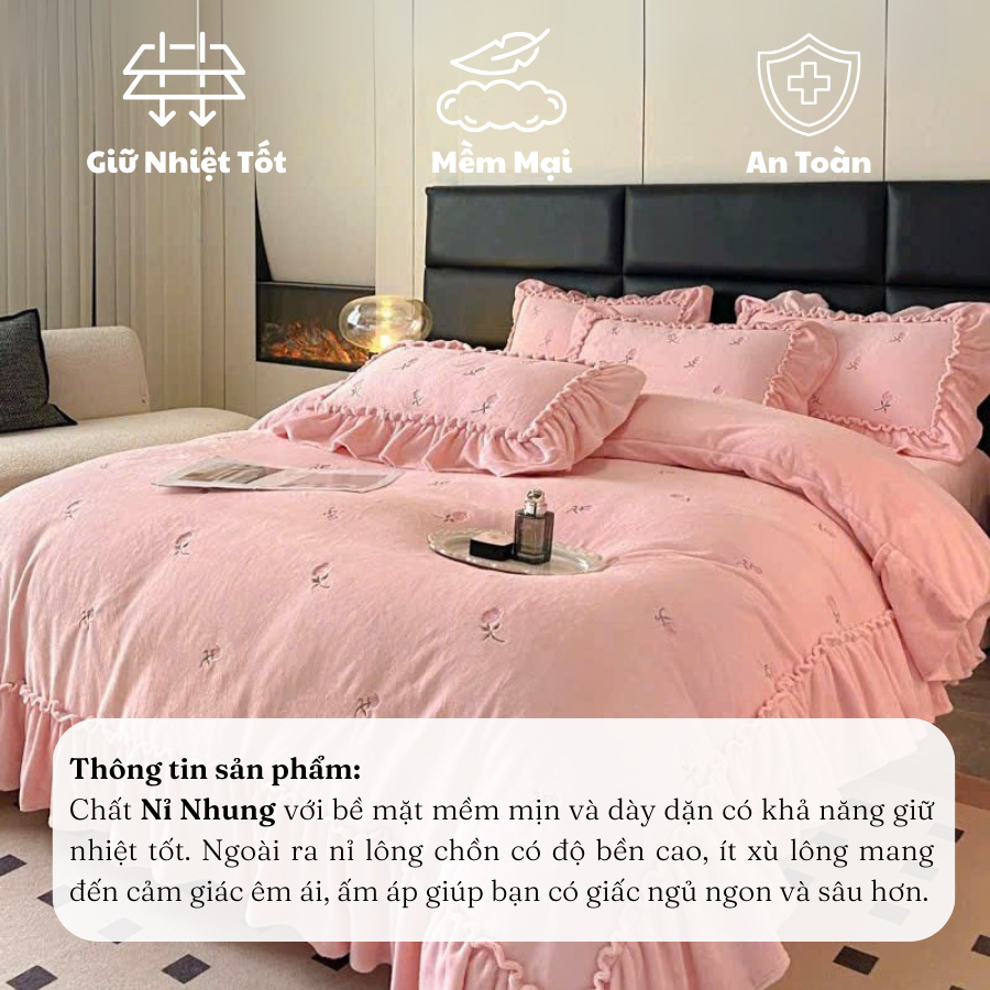 (BÁN CHẠY 2) Bộ chăn ga gối nỉ nhung MemMinbedding Luxury thêu họa tiết hoa hồng,nỉ bèo tiểu thư