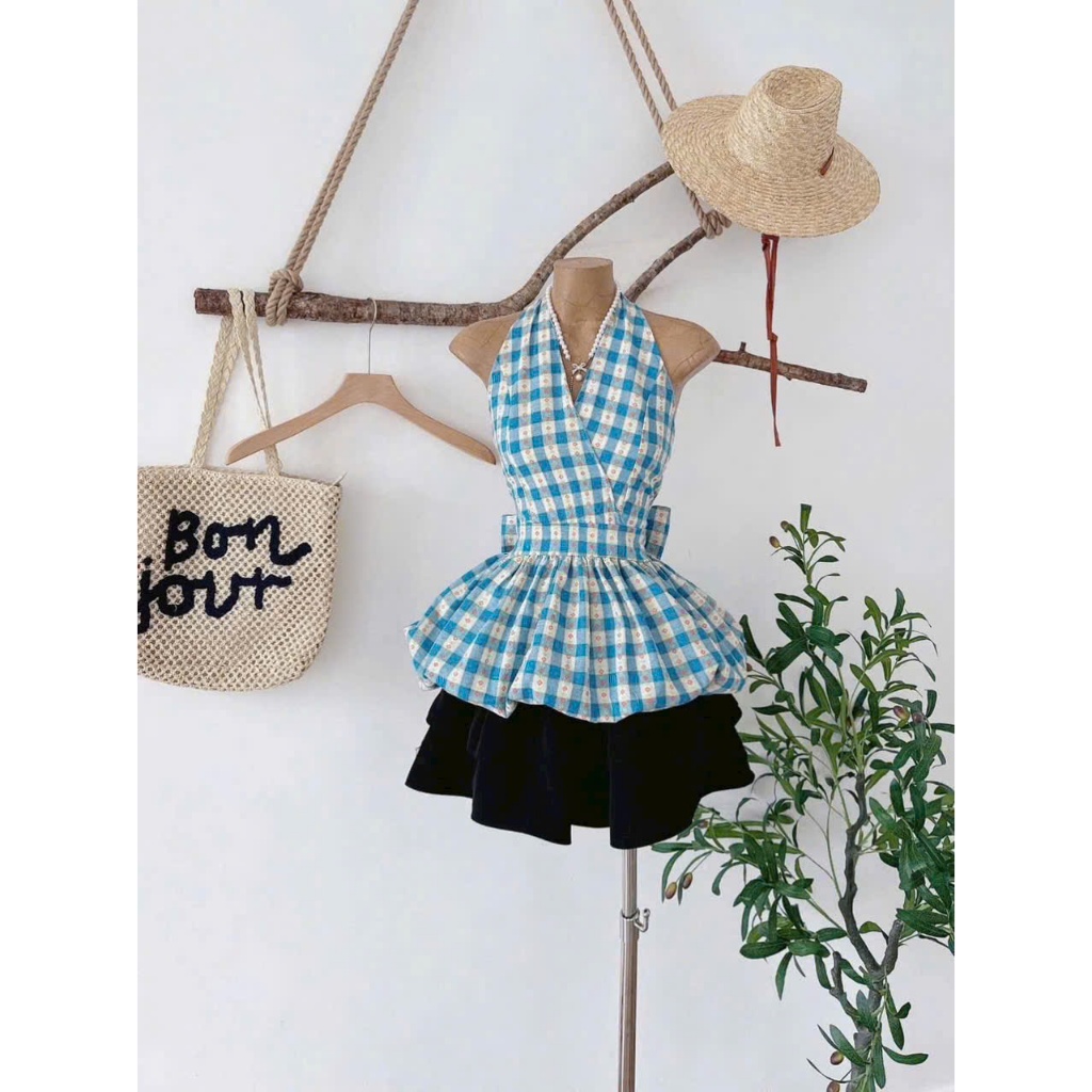 set váy nữ hottrend, set áo yếm caro dáng bí hở lưng nơ cổ mix chân váy xòe tầng siêu xinh