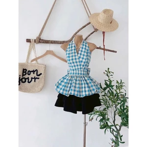 set váy nữ hottrend, set áo yếm caro dáng bí hở lưng nơ cổ mix chân váy xòe tầng siêu xinh