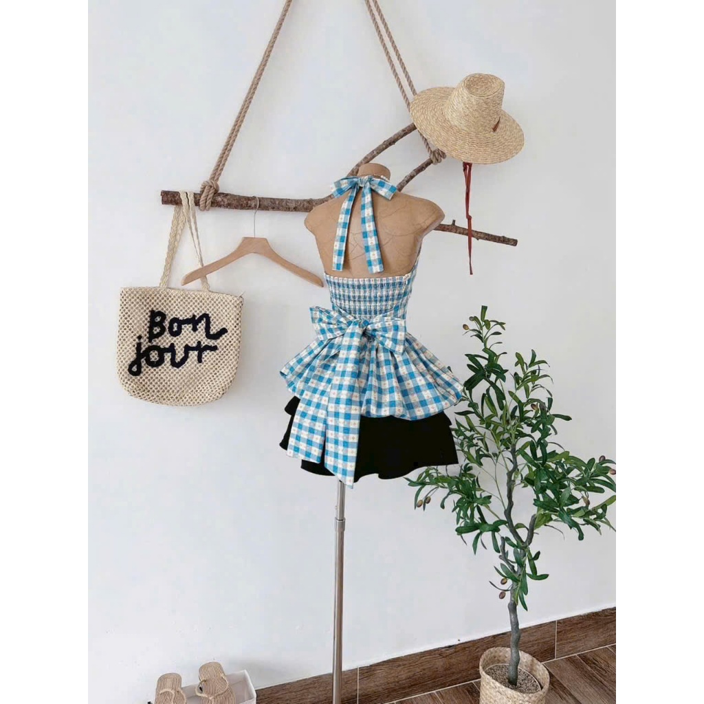 set váy nữ hottrend, set áo yếm caro dáng bí hở lưng nơ cổ mix chân váy xòe tầng siêu xinh