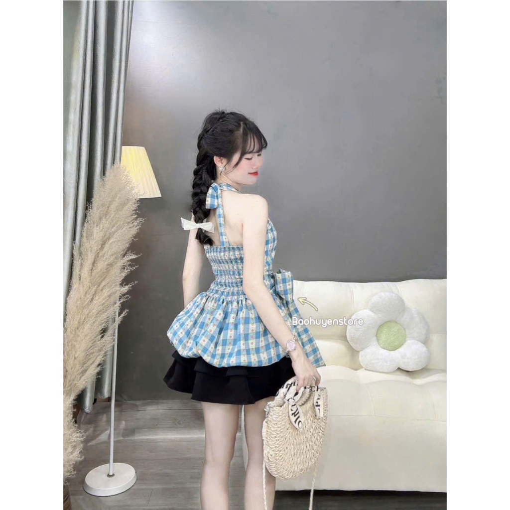 set váy nữ hottrend, set áo yếm caro dáng bí hở lưng nơ cổ mix chân váy xòe tầng siêu xinh