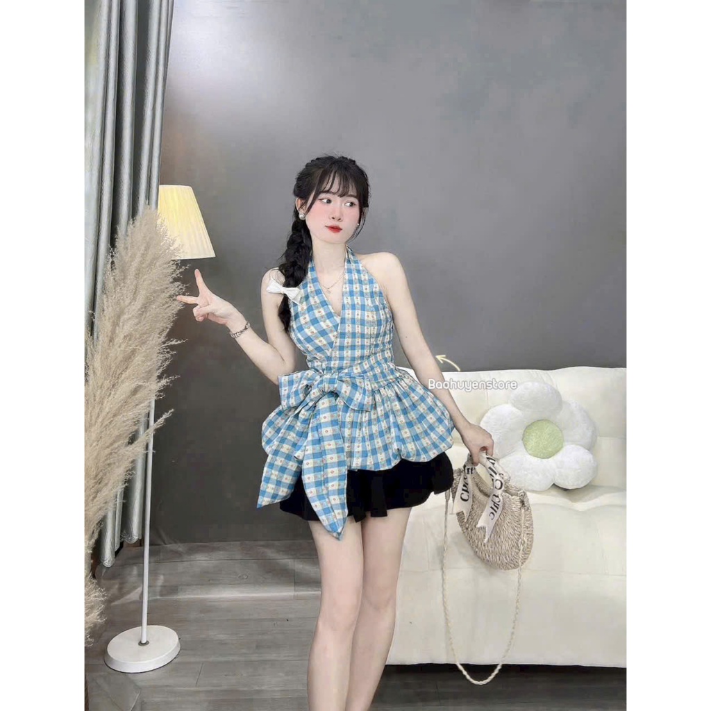 set váy nữ hottrend, set áo yếm caro dáng bí hở lưng nơ cổ mix chân váy xòe tầng siêu xinh