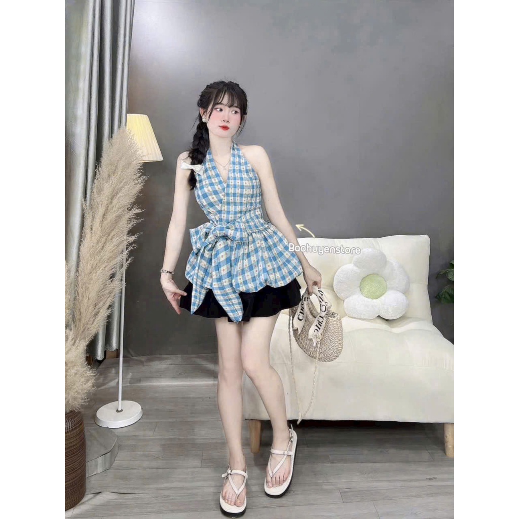 set váy nữ hottrend, set áo yếm caro dáng bí hở lưng nơ cổ mix chân váy xòe tầng siêu xinh