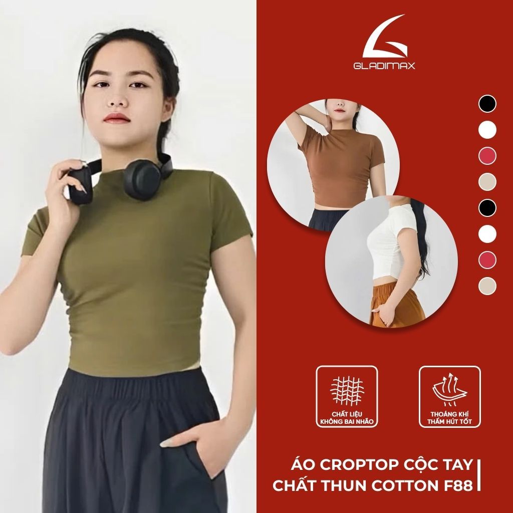 Áo Croptop Cộc Tay F88 Thời Trang Hottrend Gladimax, Áo Thun Cotton Co Giãn Cổ Cao Cá Tính Trẻ Trung