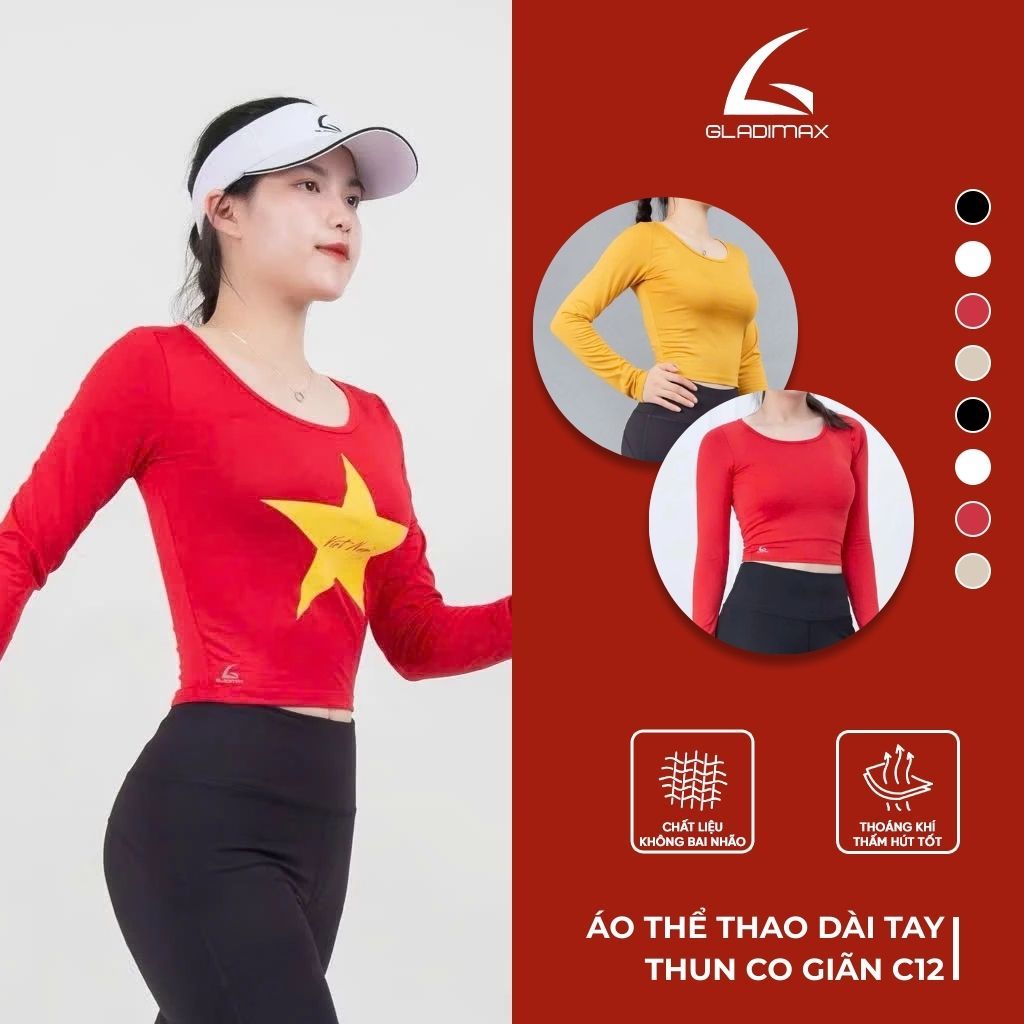 Áo Thể Thao C12  Thời Trang Hottrend Gladimax, Áo Thể Thao Nữ Dáng Croptop Dài Tay Thun Co Giãn Ôm Body