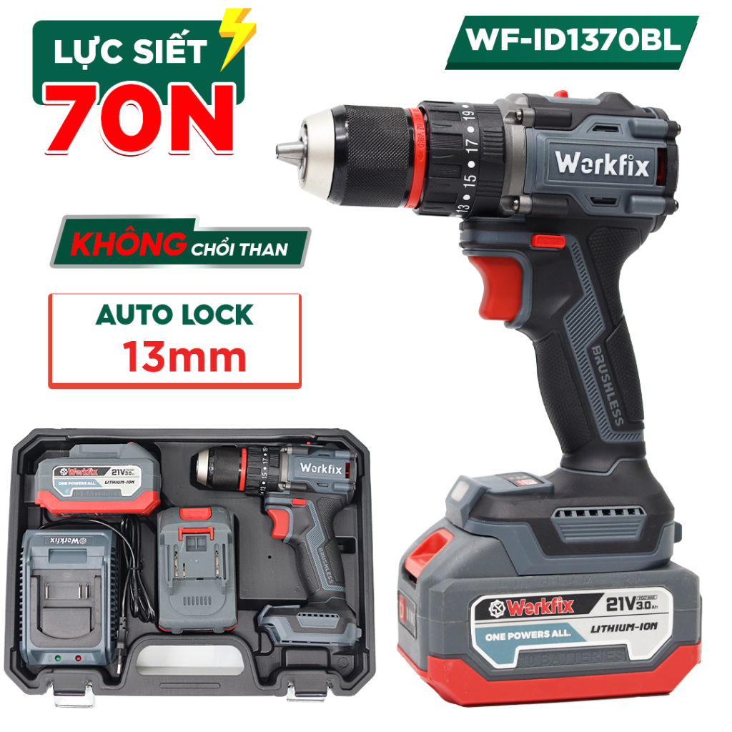 Máy Khoan Workfix WF-ID1370BL 13mm, pin 10 cell Không Chổi Than, 3 Chức Năng 25 Cấp Độ Trượt