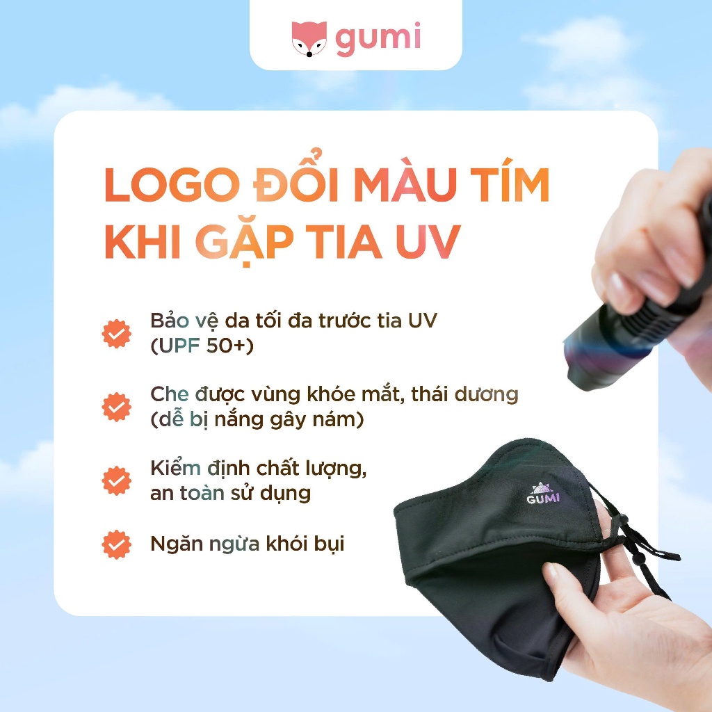 Khẩu trang vải chống nắng UPF 50+ chất liệu nylon pha sợi spandex giúp tăng hiệu quả chống nắng.
