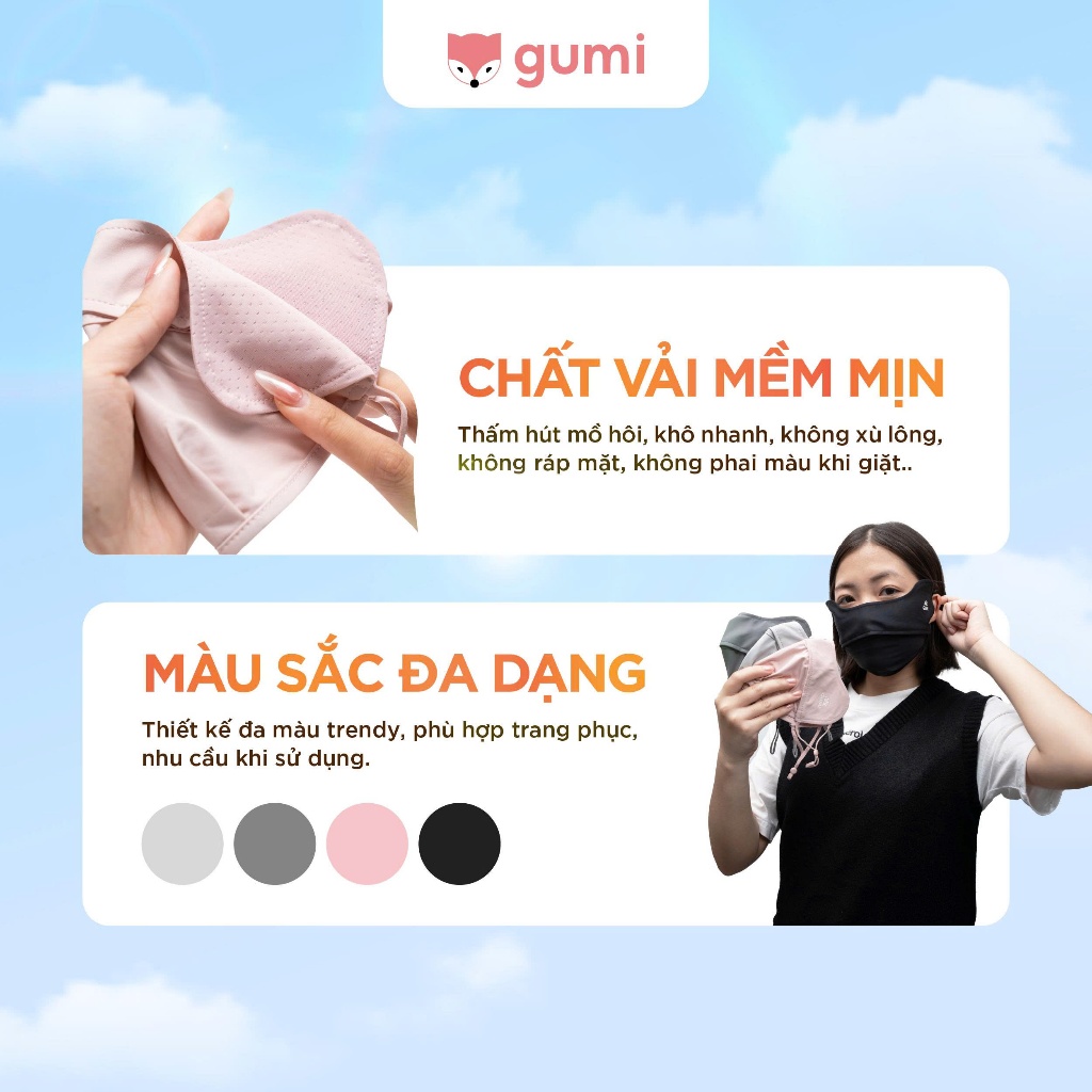 Khẩu trang vải chống nắng UPF 50+ chất liệu nylon pha sợi spandex giúp tăng hiệu quả chống nắng.