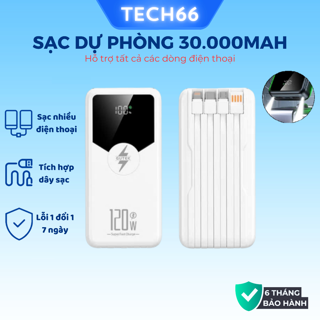 Pin sạc dung lượng 30000mAh Gutek GT239 sạc nhanh 22,5W/120W có dây cắm ...