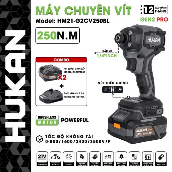 Thân máy chuyên vít HUKAN (GEN 2) G2-CV250BL,G2-CV251BL| Động Cơ Không Chổi Than - 250N.m| Đầu 1/4''INCH