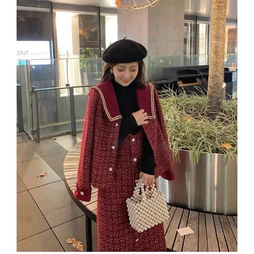 Set : Áo Khoác + Đầm yếm dạ tweed 1 màu đỏ A2242