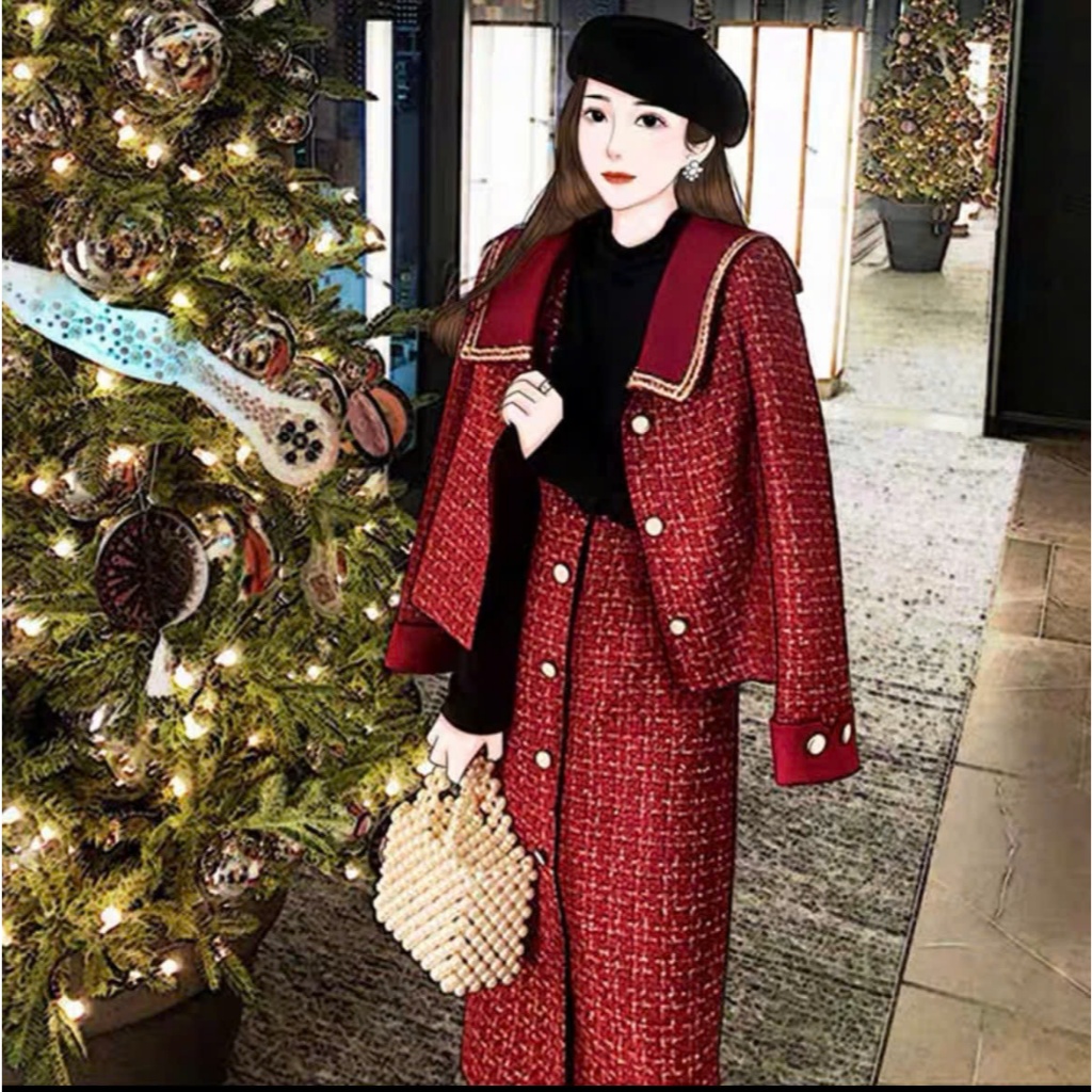 Set : Áo Khoác + Đầm yếm dạ tweed 1 màu đỏ A2242