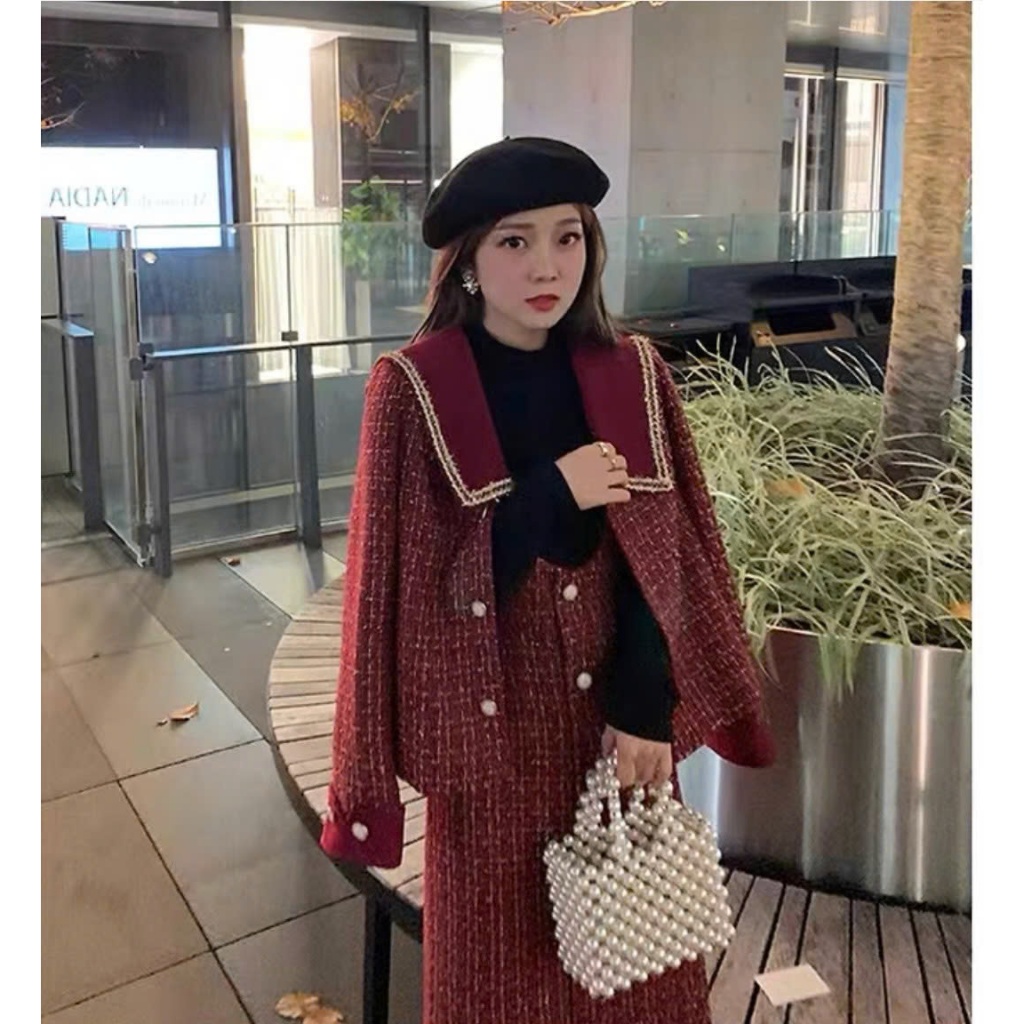 Set : Áo Khoác + Đầm yếm dạ tweed 1 màu đỏ A2242