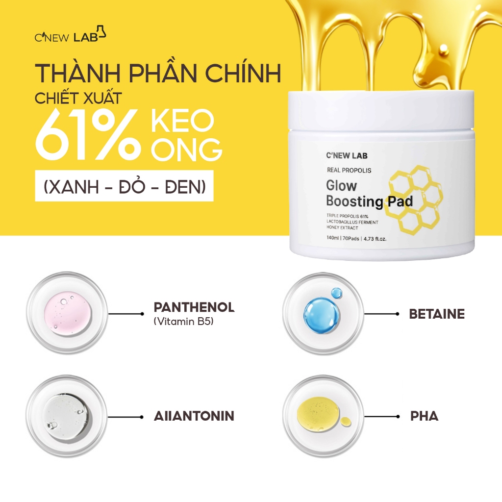 Toner pad Keo Ong 61% Real Propolis C’NEW LAB cấp ẩm và giúp da mịn màng (70 miếng/140ml)
