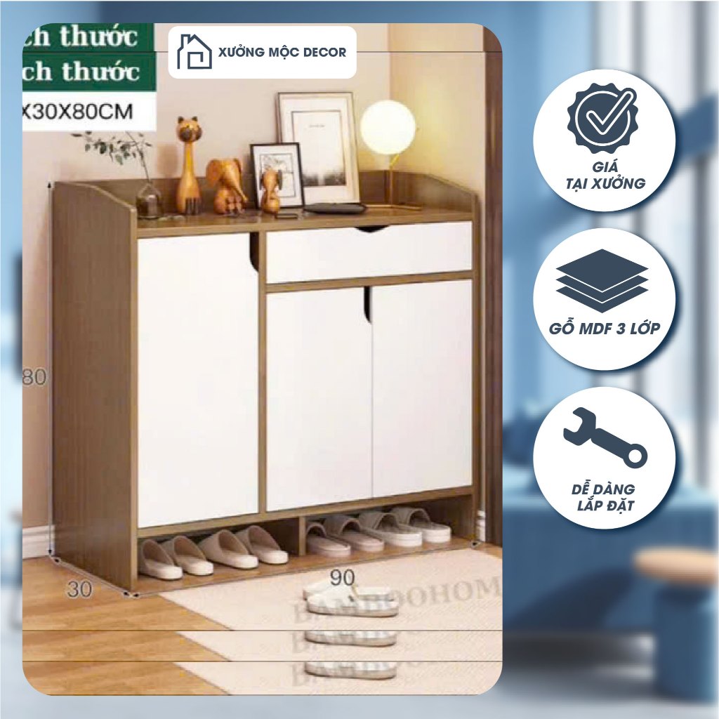 Tủ Giày Cửa Khuyết Nhiều Ngăn Xưởng Mộc Decor, Tủ Đựng Giày Dép Gỗ MDF cao cấp chống nước chống xước bền đẹp