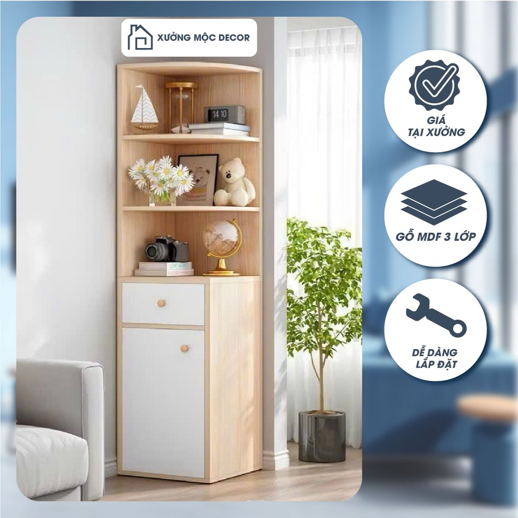 Kệ gỗ góc tường, kệ decor có tủ đa năng, kệ để đồ bo góc tròn, chất liệu gỗ MDF chống nước chống xước bền đẹp