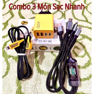 Combo 3 Món Sạc Nhanh : Củ Sạc Nhanh 120W, Cáp Sạc 3 đầu 100W, Cáp sạc 4 đầu - 4in1. Cốc Sạc NHanh. PK Sạc cho ĐT .