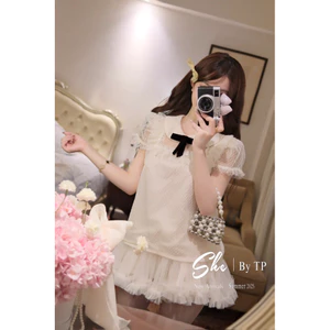 Set áo kim sa cổ bèo nơ chân váy lưới bèo xoè
