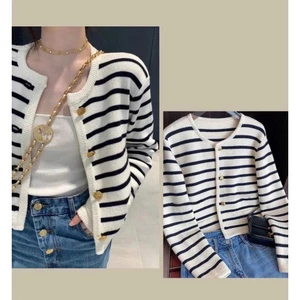 Áo khoác cardigan kẻ sọc ngang đen trắng thời trang thu đông phong cách Hàn Quốc, áo len tiểu thư hàng QC MT33 SP44
