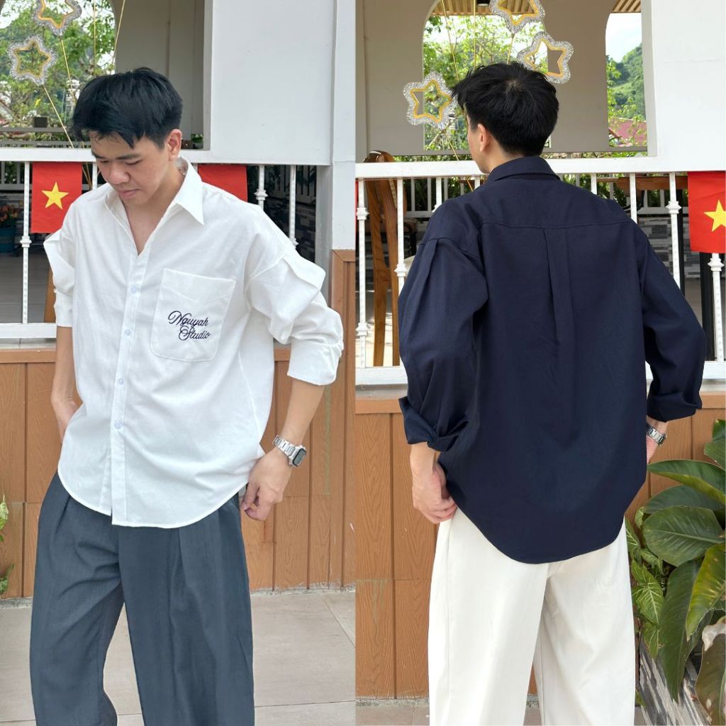 Áo sơ mi phối với quần ống rộng