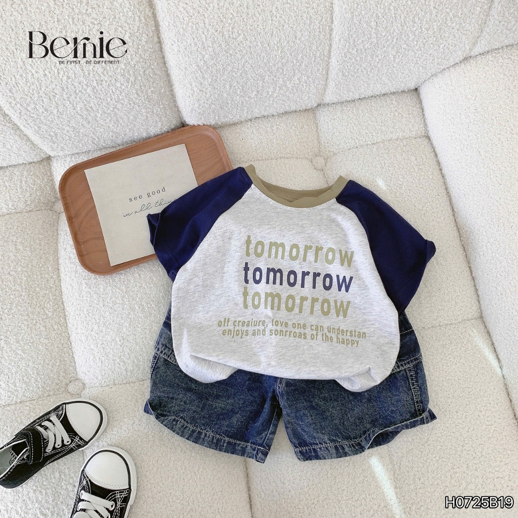 Bộ cotton in hoạ tiết chữ tomorrow phối quần jeans, set cotton cộc tay bé trai H0725b19