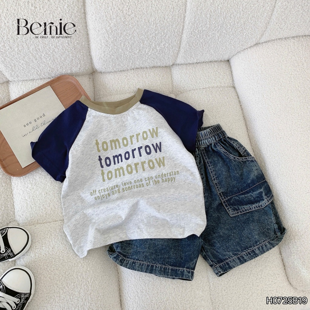Bộ cotton in hoạ tiết chữ tomorrow phối quần jeans, set cotton cộc tay bé trai H0725b19