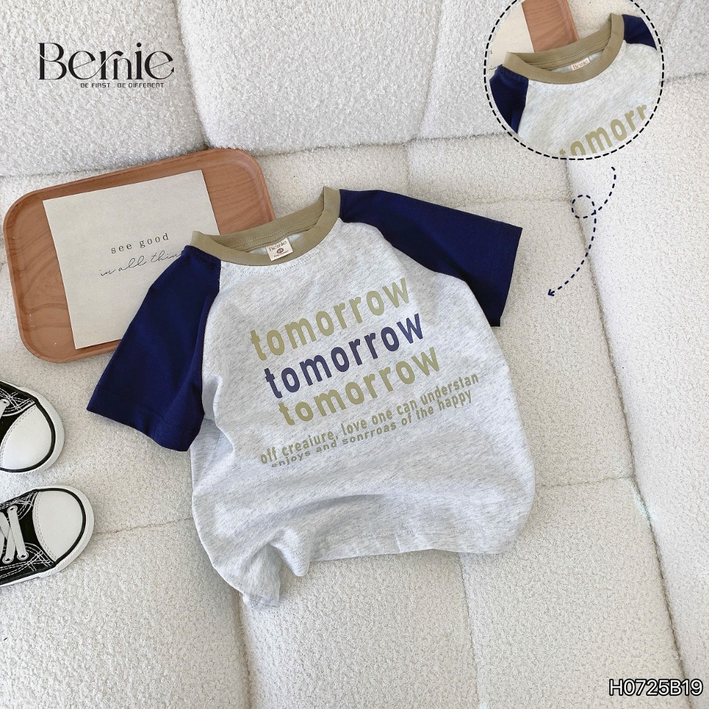 Bộ cotton in hoạ tiết chữ tomorrow phối quần jeans, set cotton cộc tay bé trai H0725b19