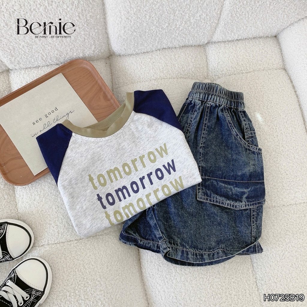 Bộ cotton in hoạ tiết chữ tomorrow phối quần jeans, set cotton cộc tay bé trai H0725b19