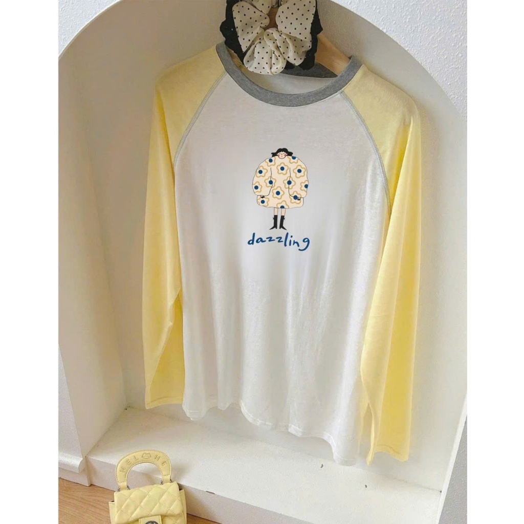Áo thun nữ dài tay phối màu vàng trẻ trung, in hình xinh xắn JULY FASHION, Áo thun tay dài nữ chất thun xượt mềm mại