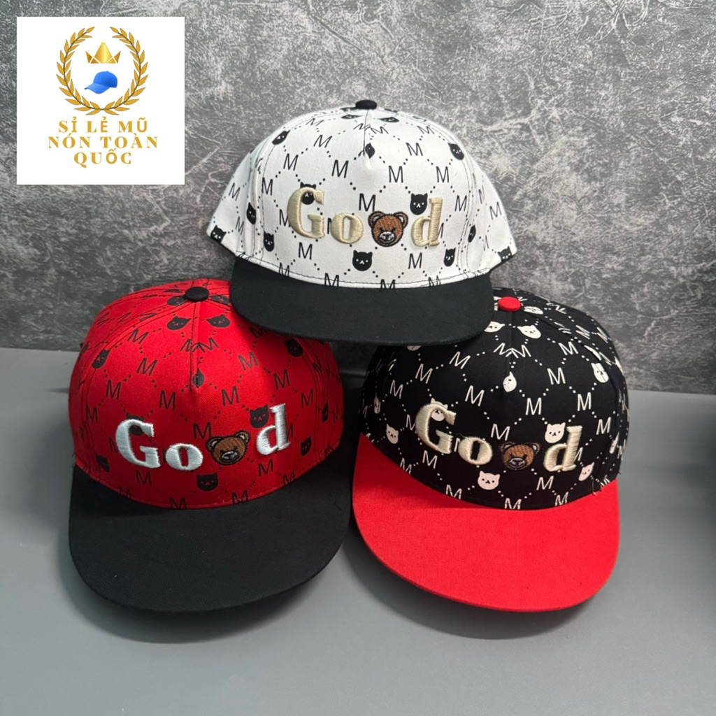 Mũ hiphop cho bé 4-9 tuổi - nón snapback chất kaki hoạ tiết M thêu good hình gấu siêu đẹp