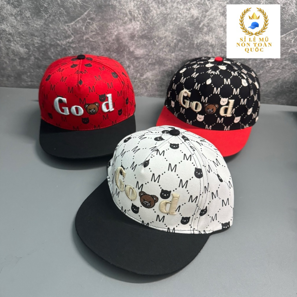 Mũ hiphop cho bé 4-9 tuổi - nón snapback chất kaki hoạ tiết M thêu good hình gấu siêu đẹp