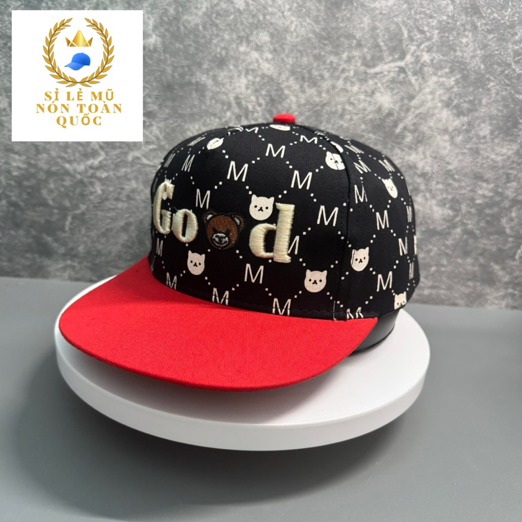 Mũ hiphop cho bé 4-9 tuổi - nón snapback chất kaki hoạ tiết M thêu good hình gấu siêu đẹp