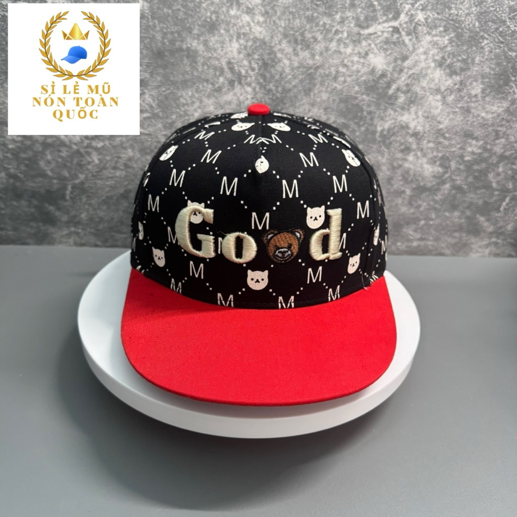 Mũ hiphop cho bé 4-9 tuổi - nón snapback chất kaki hoạ tiết M thêu good hình gấu siêu đẹp