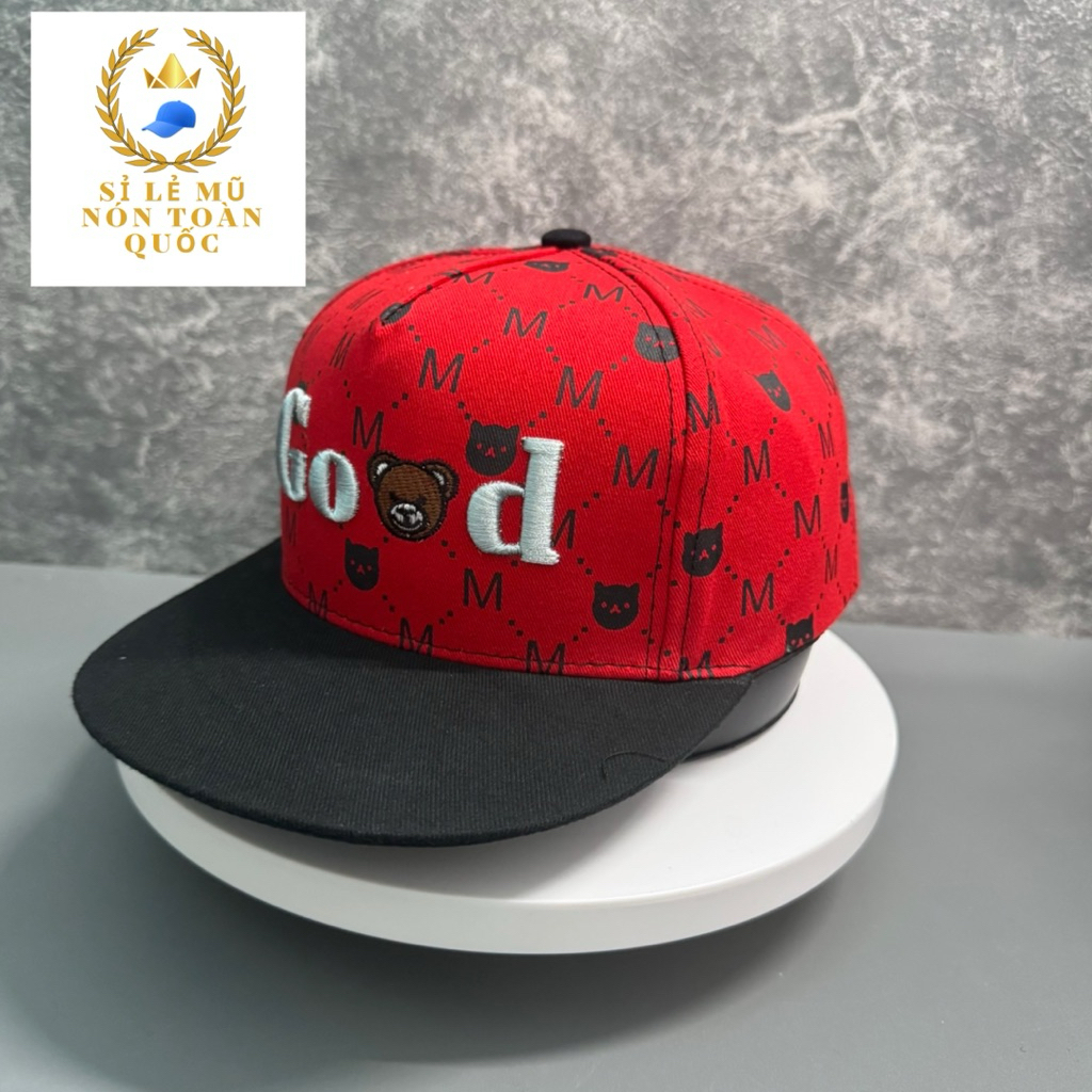 Mũ hiphop cho bé 4-9 tuổi - nón snapback chất kaki hoạ tiết M thêu good hình gấu siêu đẹp