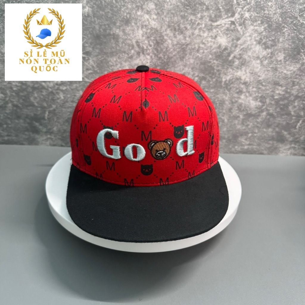 Mũ hiphop cho bé 4-9 tuổi - nón snapback chất kaki hoạ tiết M thêu good hình gấu siêu đẹp