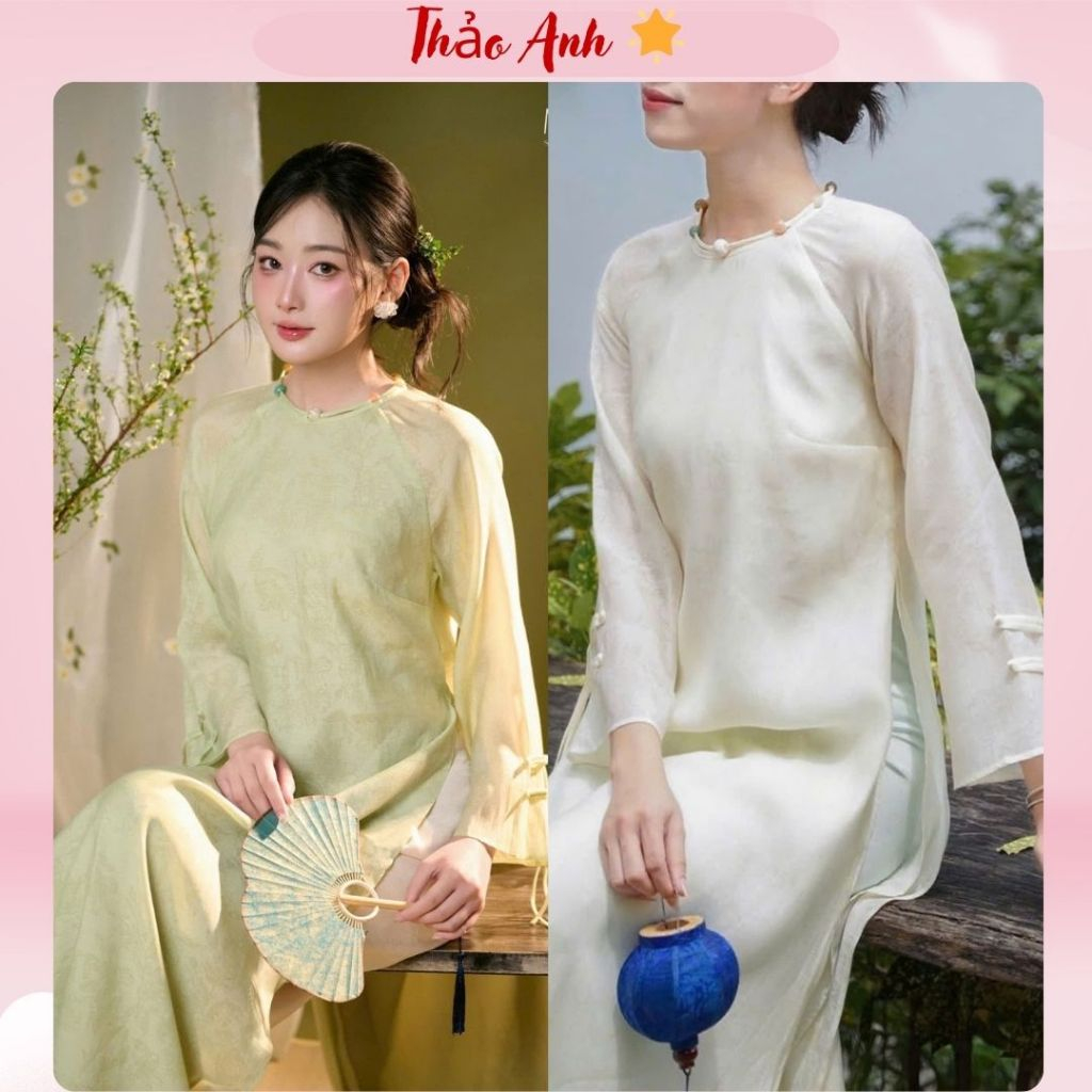 [Sẵn hàng] Áo Dài Vỹ Bình Tơ Crep In Hoa Chìm Form Suông Cổ Đính Ngọc Tay Lỡ Đính Nơ Cách Điệu ADTA100