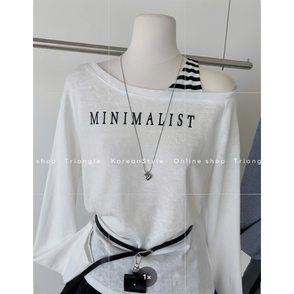TRIANGLE - Minimal long-sleeved Tshirt (Cân nhắc kỹ, return is not welcomed)- Áo thun dài tay Hàn Quốc vai nghiêng+belt