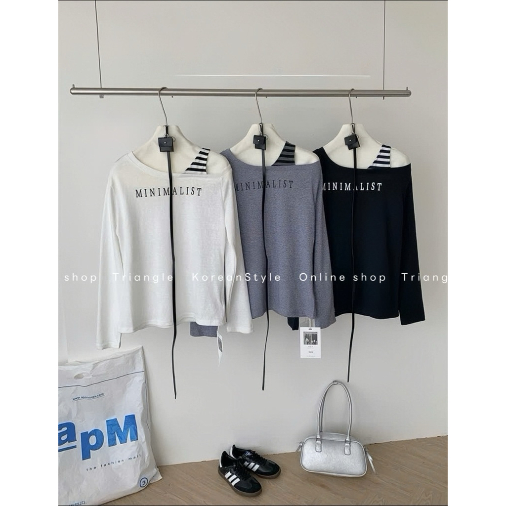 TRIANGLE - Minimal long-sleeved Tshirt (Cân nhắc kỹ, return is not welcomed)- Áo thun dài tay Hàn Quốc vai nghiêng+belt