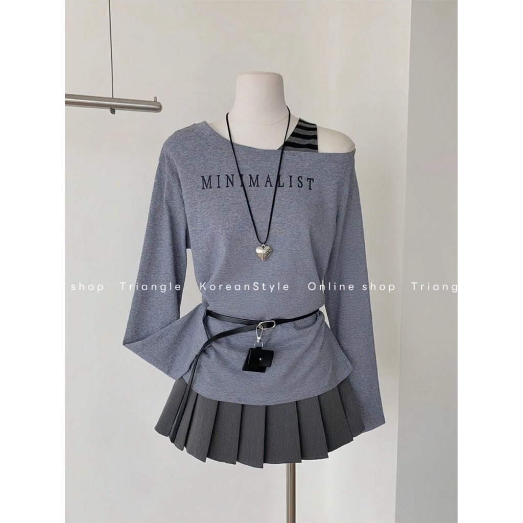 TRIANGLE - Minimal long-sleeved Tshirt (Cân nhắc kỹ, return is not welcomed)- Áo thun dài tay Hàn Quốc vai nghiêng+belt