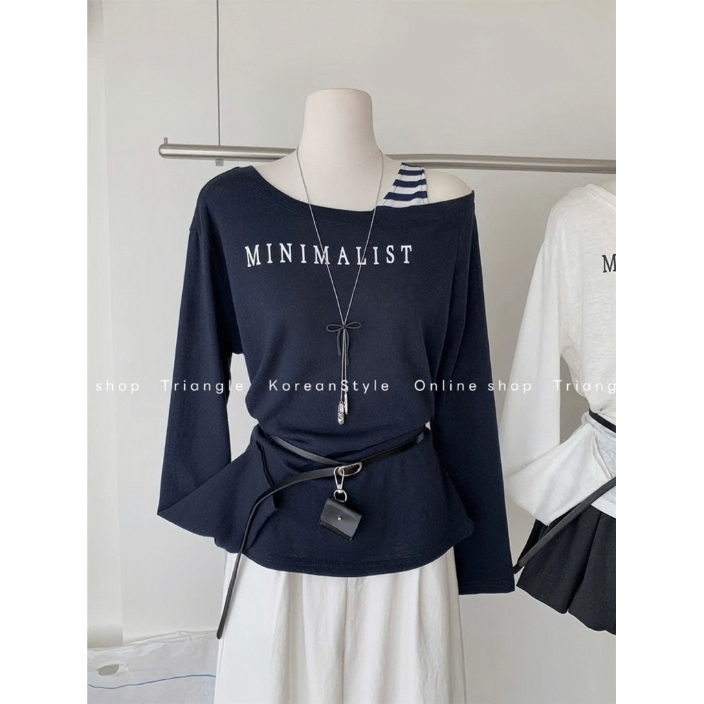 TRIANGLE - Minimal long-sleeved Tshirt (Cân nhắc kỹ, return is not welcomed)- Áo thun dài tay Hàn Quốc vai nghiêng+belt