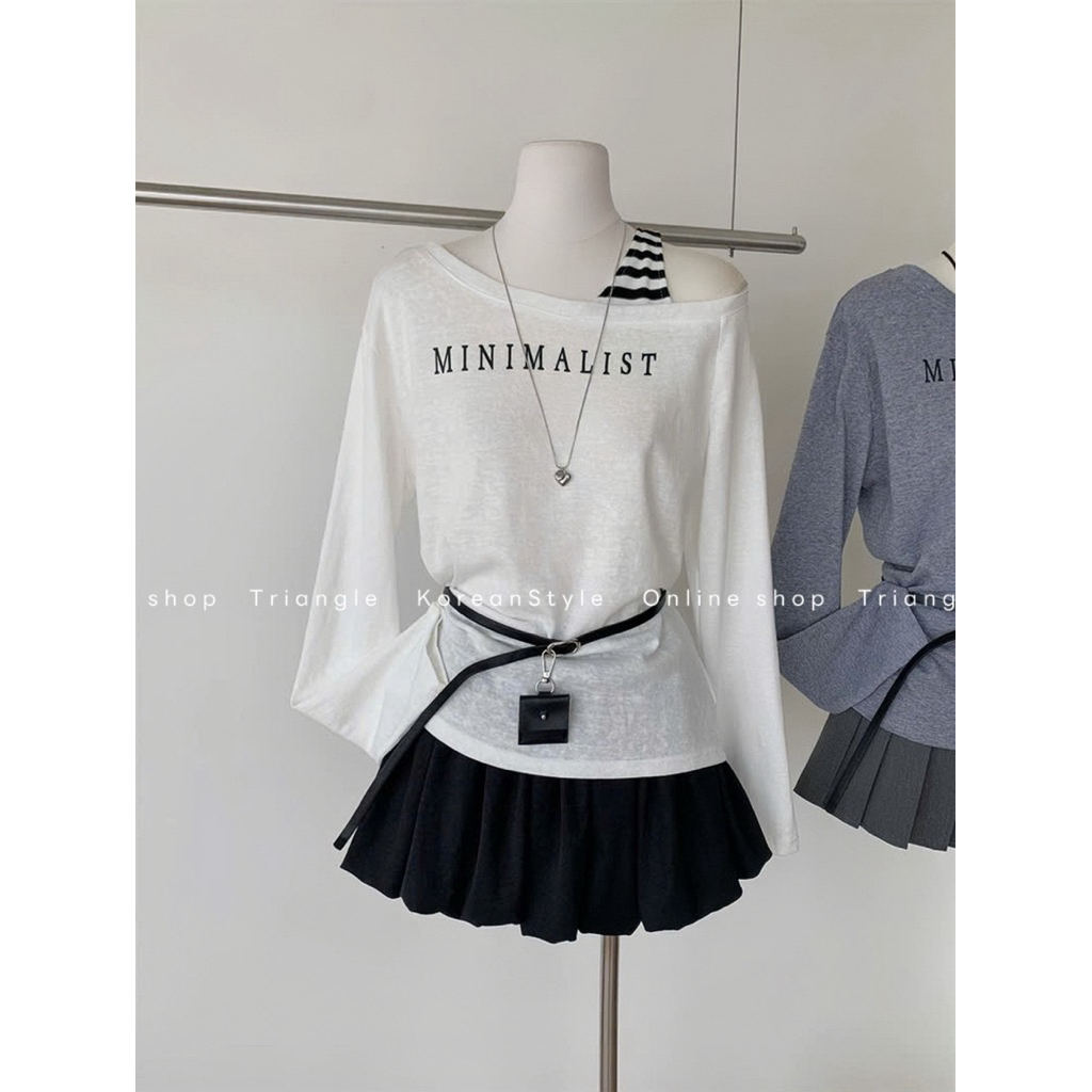 TRIANGLE - Minimal long-sleeved Tshirt (Cân nhắc kỹ, return is not welcomed)- Áo thun dài tay Hàn Quốc vai nghiêng+belt