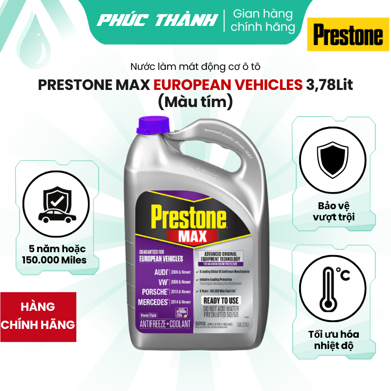 Nước Làm Mát Ô-tô Châu Âu Màu Tím Prestone MAX European Vehicles 3,78L  Nhập Mỹ - Chính Hãng